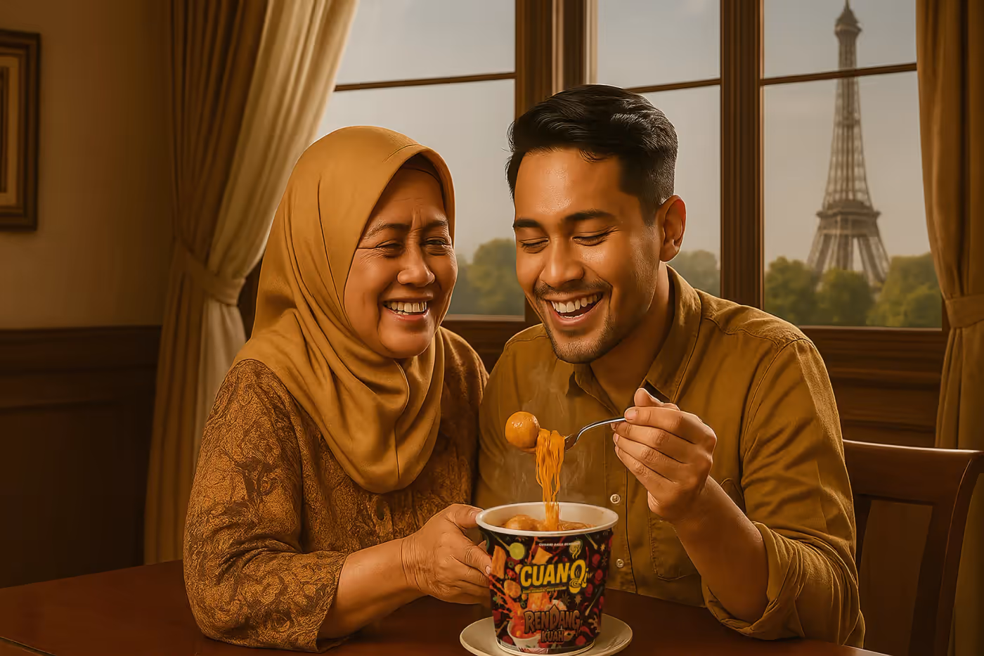 An Indonesian family abroad sharing a familiar cuanki bite with Paris beyond the window